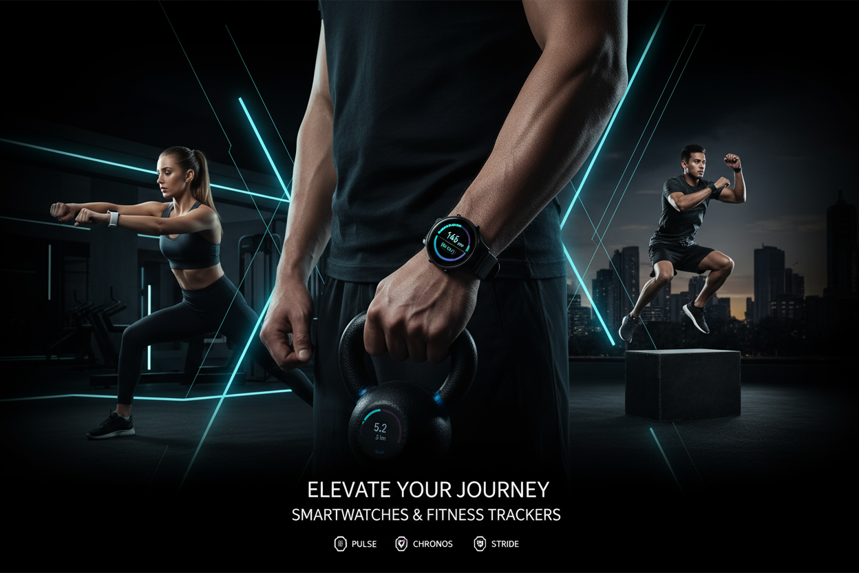 please make a banner for smartwatches fitness tracker should be professional with dark theme and add make or female model too