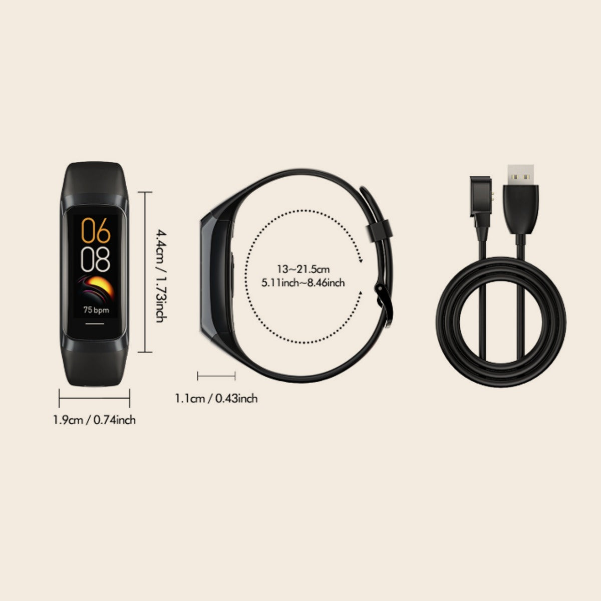 Runiq PulseArc dimensions: 44 × 19 × 11 mm, strap 130–215 mm